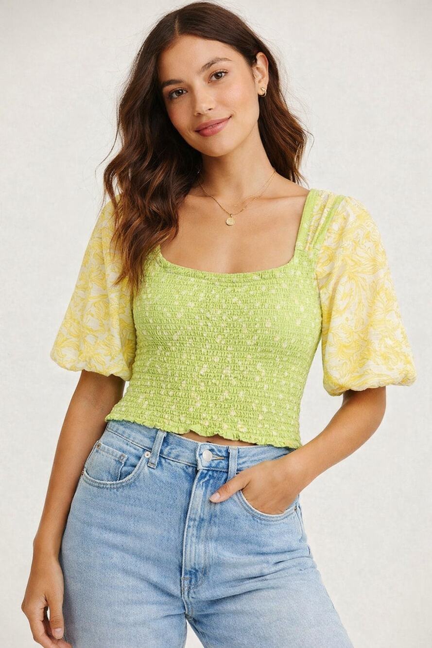 Free People Smocked Key Lime Floral Crop Top